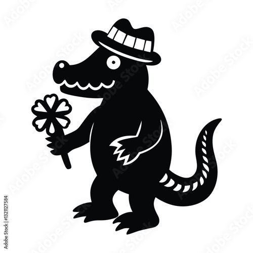 Dinosaur vector silhouette, T-rex with shamrock clover black color icon silhouette