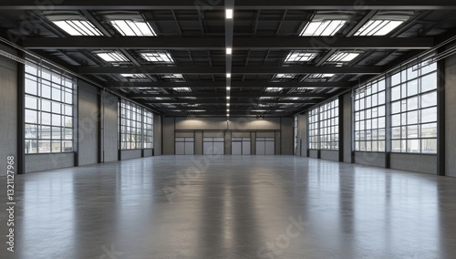 Fototapeta Naklejka Na Ścianę i Meble -  Empty, modern industrial warehouse space with large windows and high ceilings.  Spacious and versatile interior, ideal for many uses