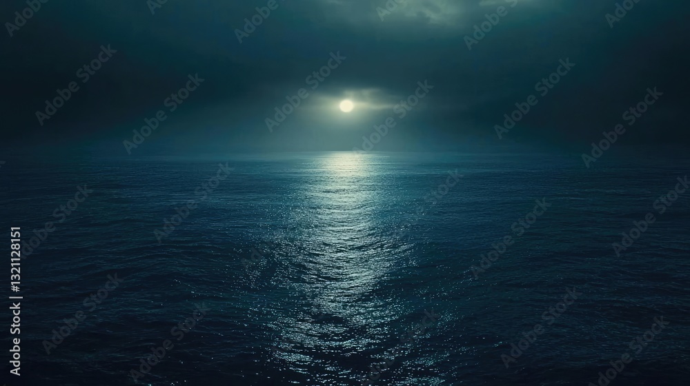 Fototapeta premium Dark sky idea. A serene ocean view under a dramatic sky, reflecting the calming waves and soft light.