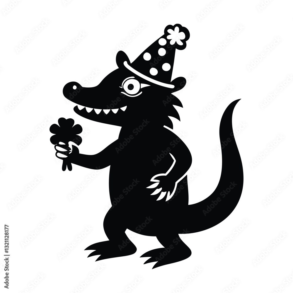 Dinosaur vector silhouette, T-rex with shamrock clover black color icon silhouette Dinosaur vector silhouette, T-rex with shamrock clover black color icon silhouette