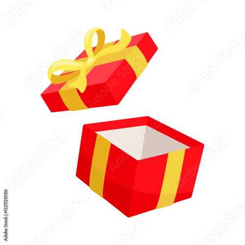 Open red gift box with yellow ribbon floating in the air
