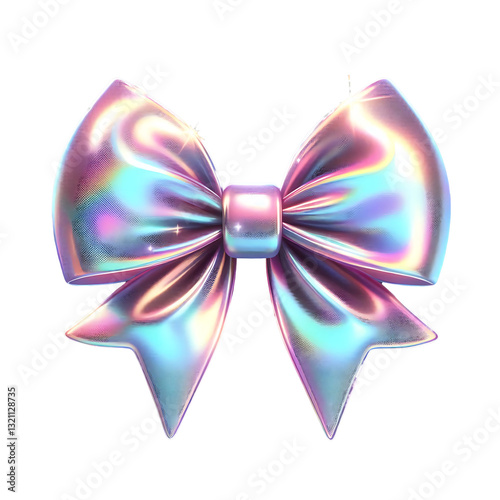 3D render of a bow on a transparent background. Holographic sparkling element in Y2K style. Liquid chrome, vintage girly accessory in pastel pink color, icon, metal surface