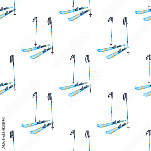 Seamless pattern of blue and orange skis and ski poles standing on white background