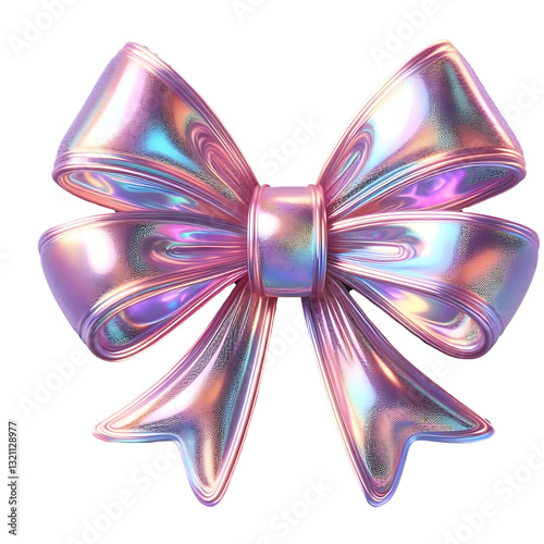 3D render of a bow on a transparent background. Holographic sparkling element in Y2K style. Liquid chrome, vintage girly accessory in pastel pink color, icon, metal surface