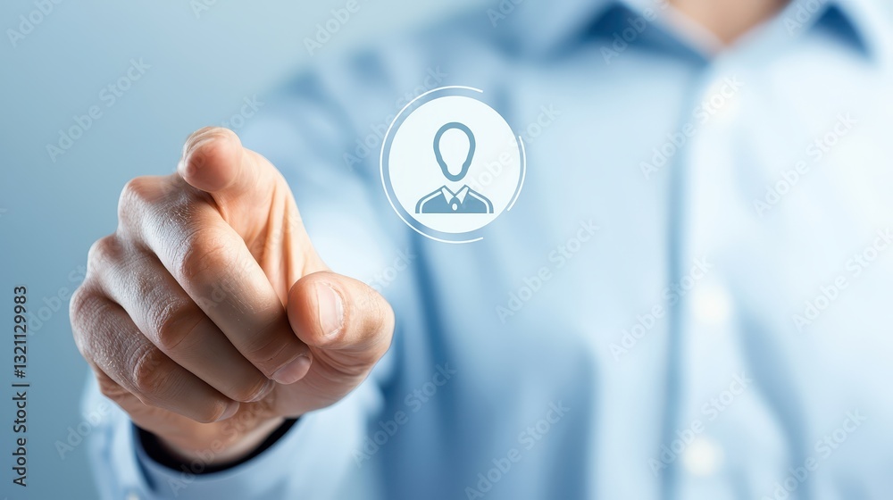 Man in blue shirt activates magnifying glass button, initiating search or zoom function Man in blue shirt activates magnifying glass button, initiating search or zoom function
