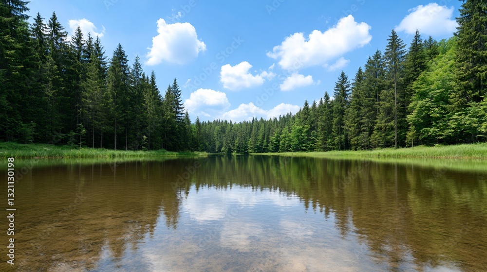 Serene lake mirroring lush forest under a vibrant sky Serene lake mirroring lush forest under a vibrant sky