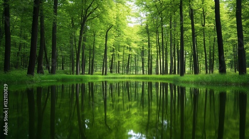Serene forest reflecting in calm waters