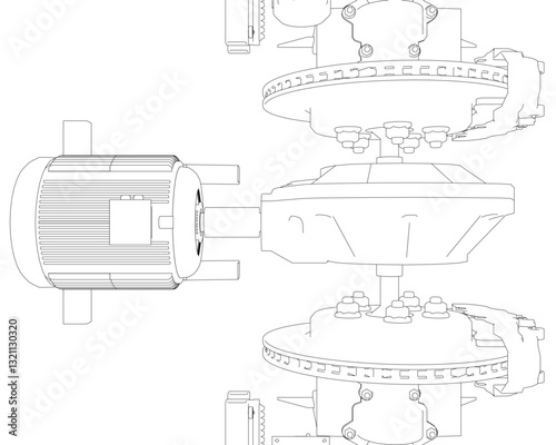 A drawing of a machine with a motor and a gear. The drawing is in black and white