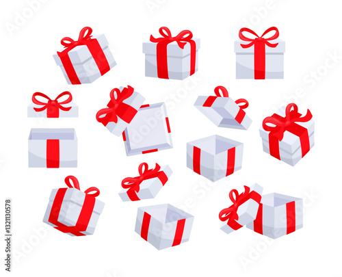 White gift boxes with red ribbons are floating and opening, revealing their empty inside
