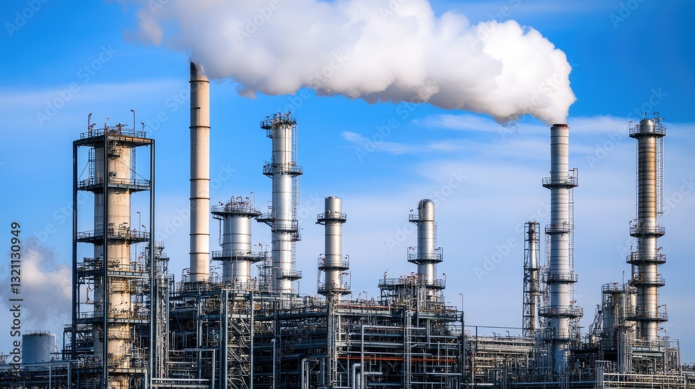 A petrochemical plant with multiple chimneys releasing controlled emissions. A petrochemical plant with multiple chimneys releasing controlled emissions.