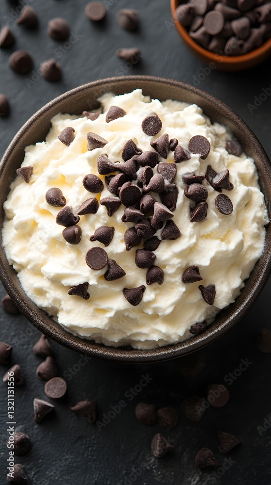 Chocolate Chips on Whipped Cream in Bowl Chocolate Chips on Whipped Cream in Bowl