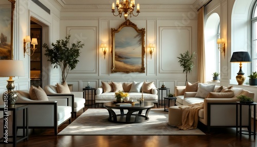 Picture a grand hotel suite with a wide-angle view of its lounge area. White and beige seating with fabric cushions is complemented