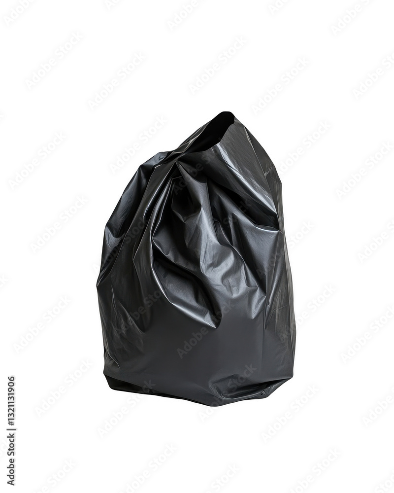 Black plastic garbage bag filled with assorted waste items, designed for trash collection and disposal in urban settings, ideal for maintaining cleanliness and environmental hygiene efforts
