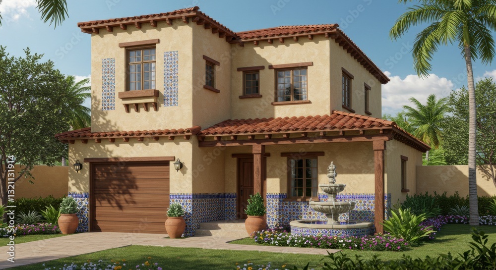 Fototapeta premium Charming two-story house with vibrant tile accents, lush garden, and a tranquil fountain, set in a sunny environment - key west style home designs