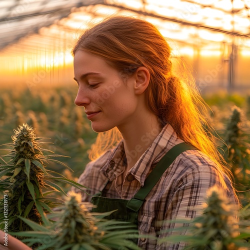 Enthusiastic botanist in a greenhouse examining a rare cannabis plant with attention and care in a natural setting
