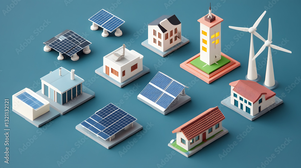 Vector icons for energy-efficient architecture, featuring renewable energy sources like solar panels and wind turbines. Vector icons for energy-efficient architecture, featuring renewable energy sources like solar panels and wind turbines.