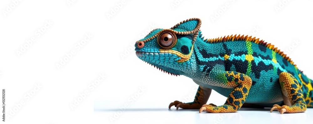 Fototapeta premium Striking blue and yellow panther chameleon, pure white backdrop , bright, exotic