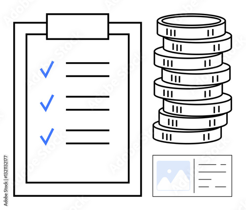 Checklist with marked items, stacked coins, and a card element representing financial organization, investment, savings, and business planning. Ideal for budgeting, planning, accounting management