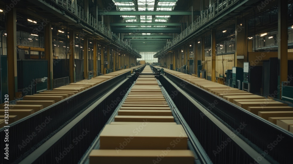 A spacious production line with neatly arranged machinery and conveyor belts. A spacious production line with neatly arranged machinery and conveyor belts.