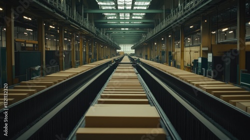 A spacious production line with neatly arranged machinery and conveyor belts.