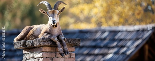 A majestic mountain goat rests on a brick structure outdoors
