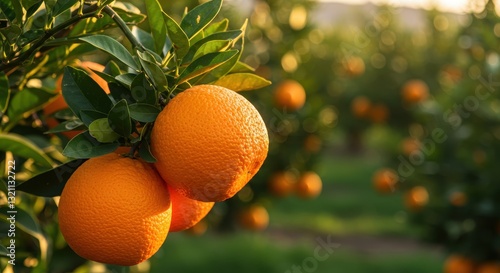 A close-up of ripe vibrant oranges hanging from a lush green tree bathed in warm golden sunlight
