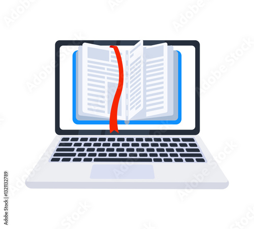 Online education concept with open book and red bookmark showing on laptop screen