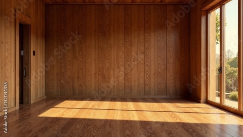 Sunlit Empty Room with Wooden Walls and Floor  Featuring a Door and Window