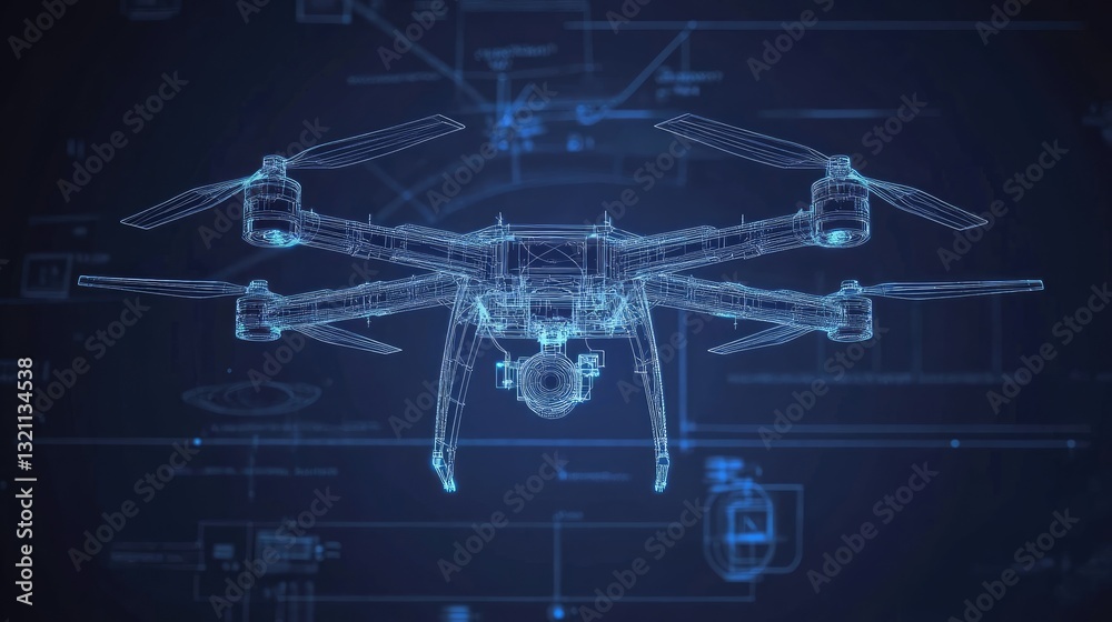 A detailed blueprint of a drone hovering against a dark blue background, showcasing its design and technology A detailed blueprint of a drone hovering against a dark blue background, showcasing its design and technology