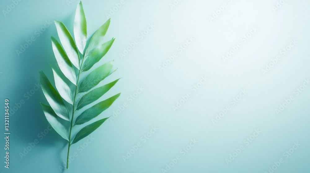 Single green leaf on light blue background Single green leaf on light blue background