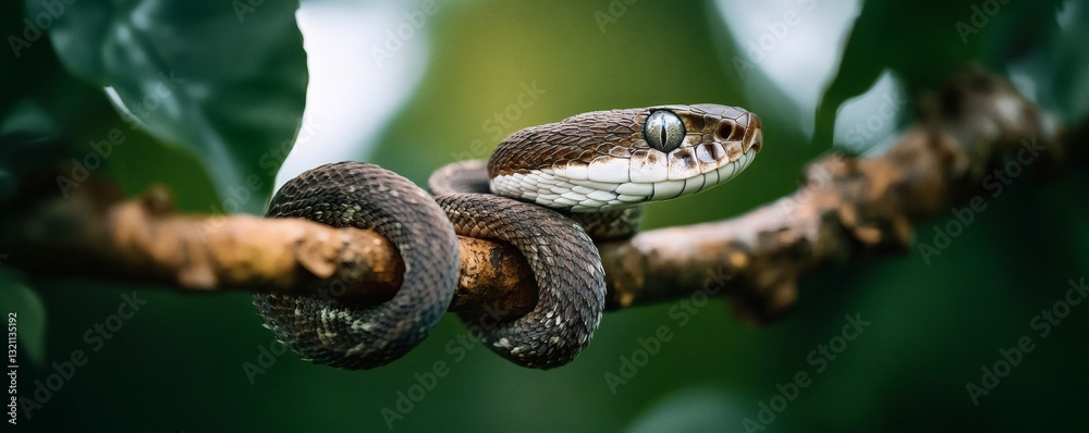 Obraz premium A coiled snake perched on a tree branch in the natural world