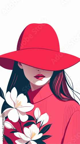 Mysterious elegance: a woman in a red hat and a pink sweater with camellias.
