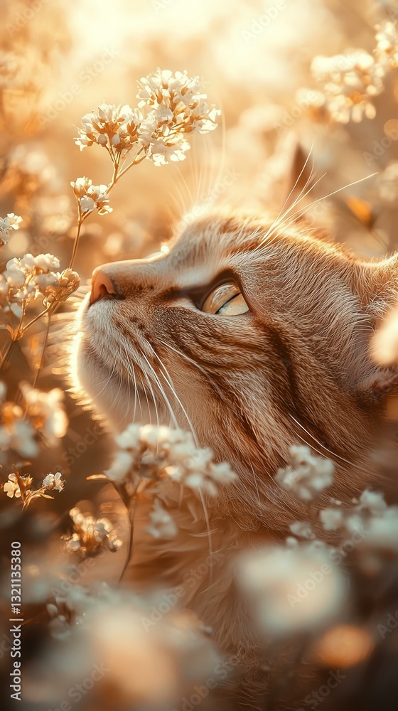 Naklejka premium Golden cat and butterfly wallpaper with soft golden tones, dreamy golden cat wallpaper for nature lovers, aesthetic golden cat wallpaper with magical lighting