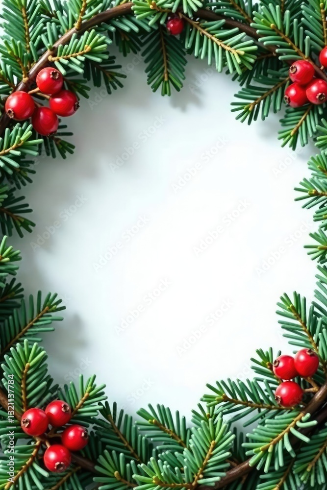 Evergreen branches with red berries and frosted pine needles, wreaths, greenery, berries Evergreen branches with red berries and frosted pine needles, wreaths, greenery, berries