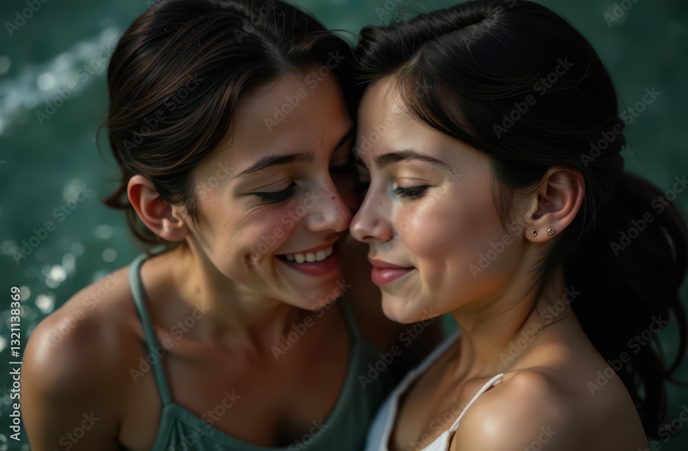 Two women embracing joyfully in serene water setting during sunset