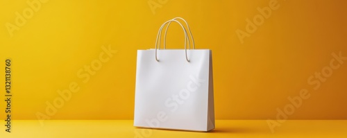 White shopping bag on vibrant yellow background - minimalist concept for retail and fashion