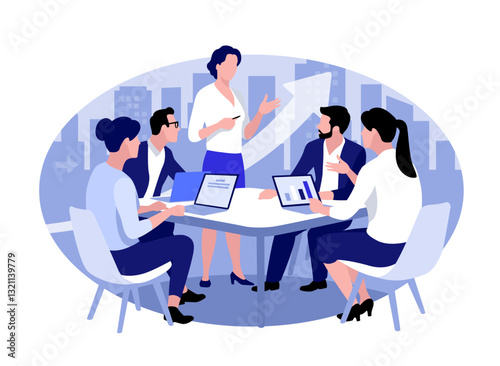 Growth. Profit. Rising arrow. A woman teamleader and her team. Business vector illustration.
