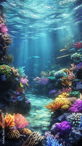 Vibrant coral reefs teeming with life, showcasing an underwater ecosystem thriving, protecting natures wonders photo