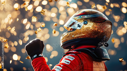 Formula 1 winner celebrating his success. F1 driver in helmet and red sportswear raising his hand celebrating victory, golden confetti around. Formula One racing team celebrating victory in grand prix