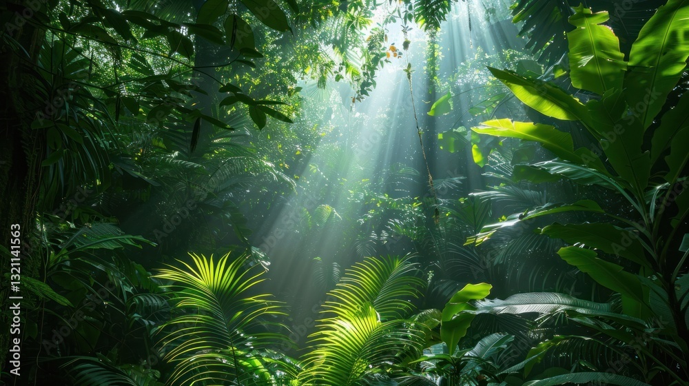 Obraz premium Lush Jungle Sunlight Piercing Canopy