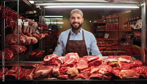 Meat seller displays fresh cuts behind shop window in vibrant market atmosphere