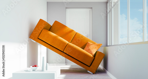 Fototapeta Naklejka Na Ścianę i Meble -  Orange colored sofa is to big for a too small sunny room - 3D illustration