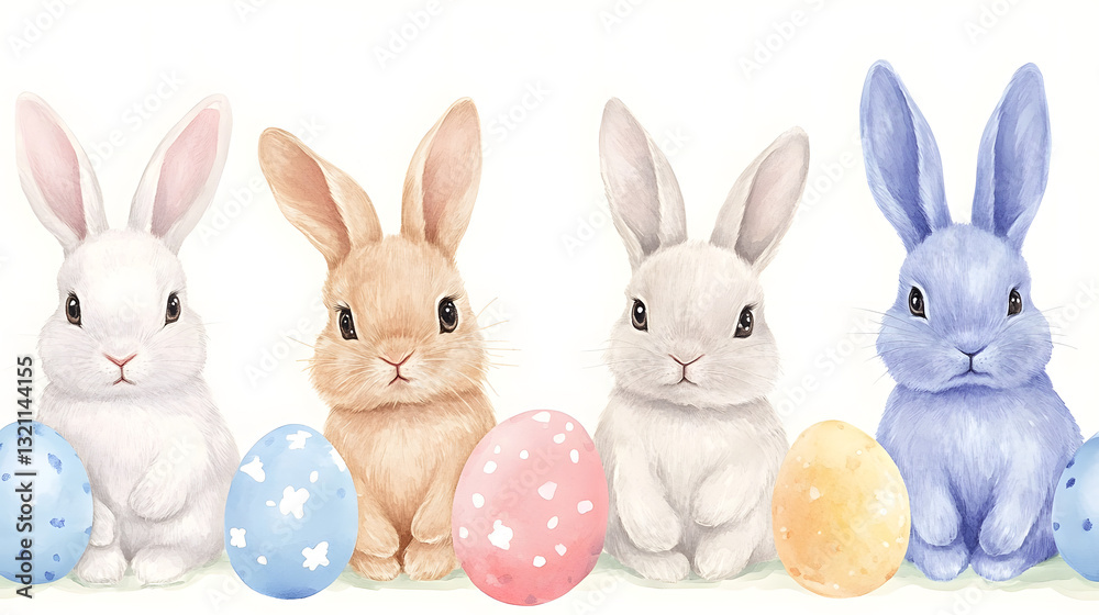 Obraz premium Whimsical pastel Easter bunnies with delicate features, ideal for hand-drawn illustrations and holiday art.