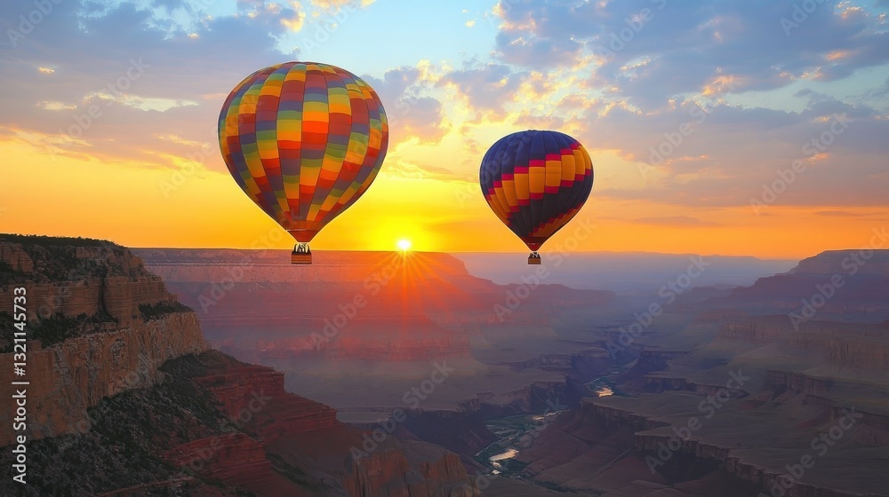 Vibrant Hot Air Balloons Soaring Above Majestic Canyon During Golden Hour at Sunrise Vibrant Hot Air Balloons Soaring Above Majestic Canyon During Golden Hour at Sunrise