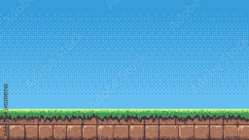 8-bit pixel art game level background. side scrolling game. blue sky. simple game map template. 2D retro video game style. pixelated vector graphics. 