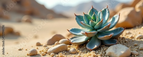 Ornate silver-toned succulent perches on sandy terrain,, desert plants