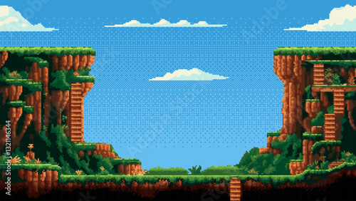 8-bit pixel art retro game level background. 2D platforms and stairs. side view of a game. cliffs and a blue sky with clouds. video game vector graphics.