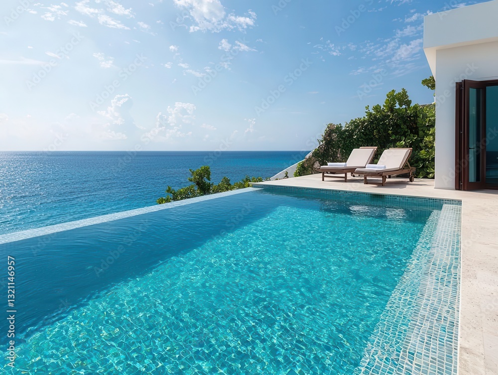 Fototapeta premium Luxurious rooftop pool with infinity edge, blending into the ocean view, clear blue water, simple sun loungers, bright sunny day