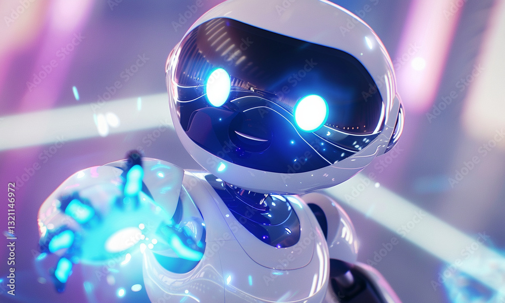 Fototapeta premium Smiling futuristic AI robot with a digital interface and glowing blue eyes. Advanced humanoid technology concept in a high-tech environment