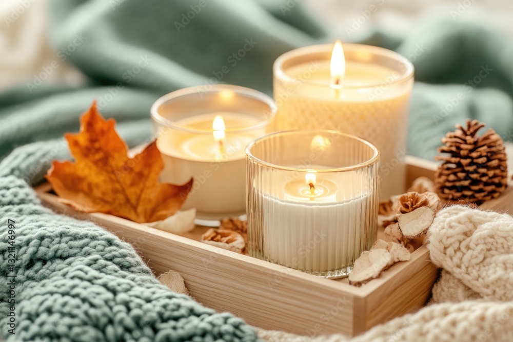 Elegant Arrangement of Candles and Natural Elements on a Cozy Knitted Blanket in Soft Lighting for a Minimalist Aesthetic